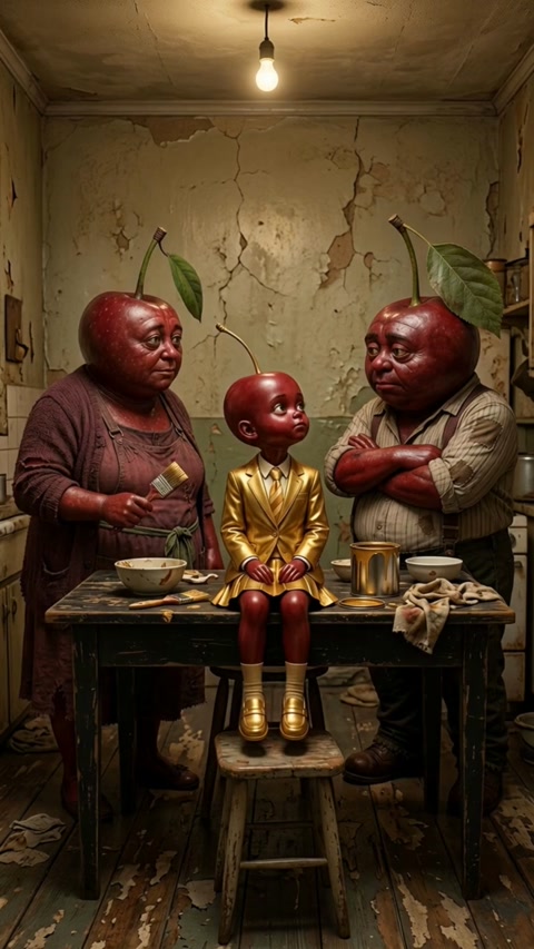 Fake Golden - A broke family paints their kid in fake gold to sneak into a rich school - until water washes it off