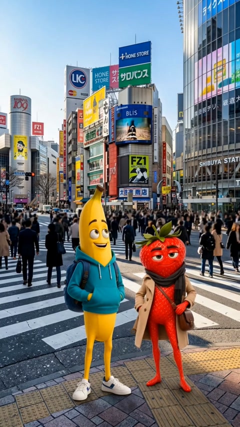 Fruits Exploring City - A wide-eyed fruit tourist and a deadpan sidekick explore a real city, one landmark at a time