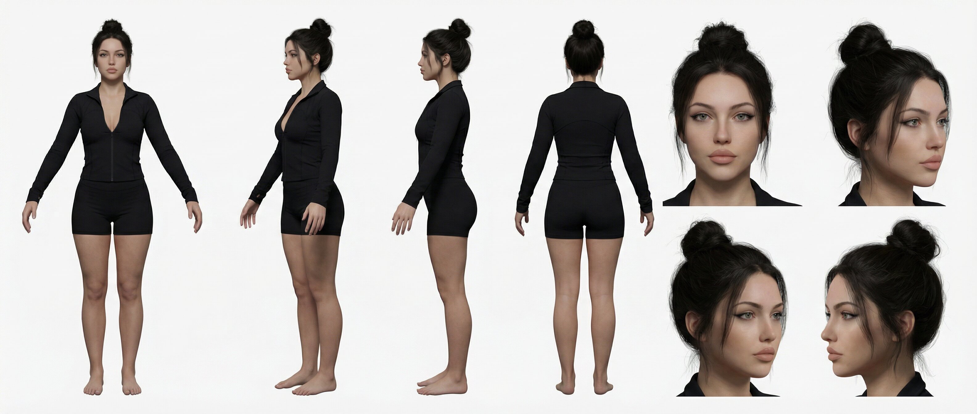 Character reference sheet with multiple angles and expressions