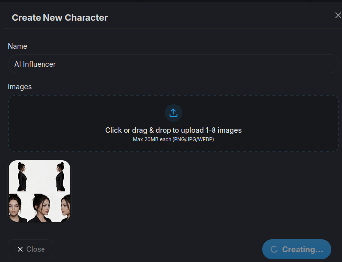 Saving the AI influencer character to the assets library