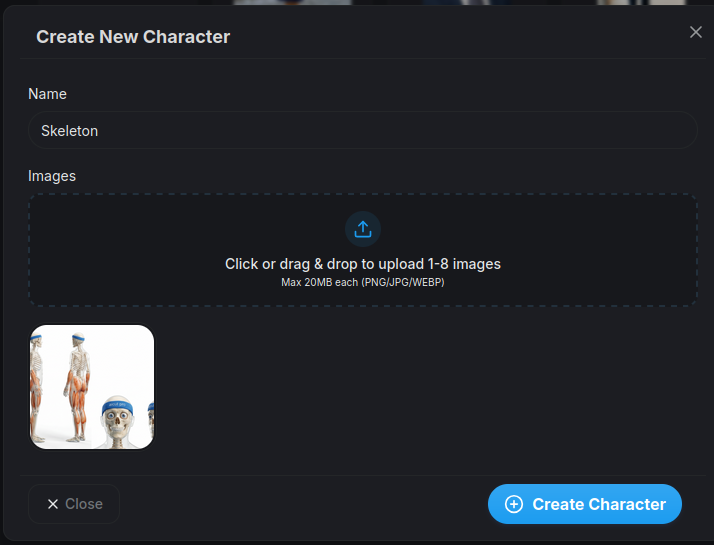 The aicut Create New Character dialog with a name field and a drag-and-drop image upload area - one of the simple, no-prompt setup steps