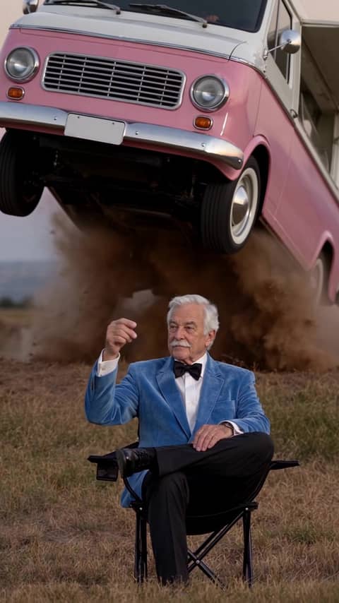 Car Jump Trend - Pick a character. It sits calmly in a folding chair while an SUV flies over the ridge behind it and lands right next to it. Add a car to swap the SUV, and pick the field or another place.