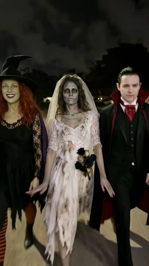 Halloween Walk-In - Pick three characters. They walk up to the camera on a night street in the viral Halloween costume trend, every step and close-up, on the street or a place you pick.