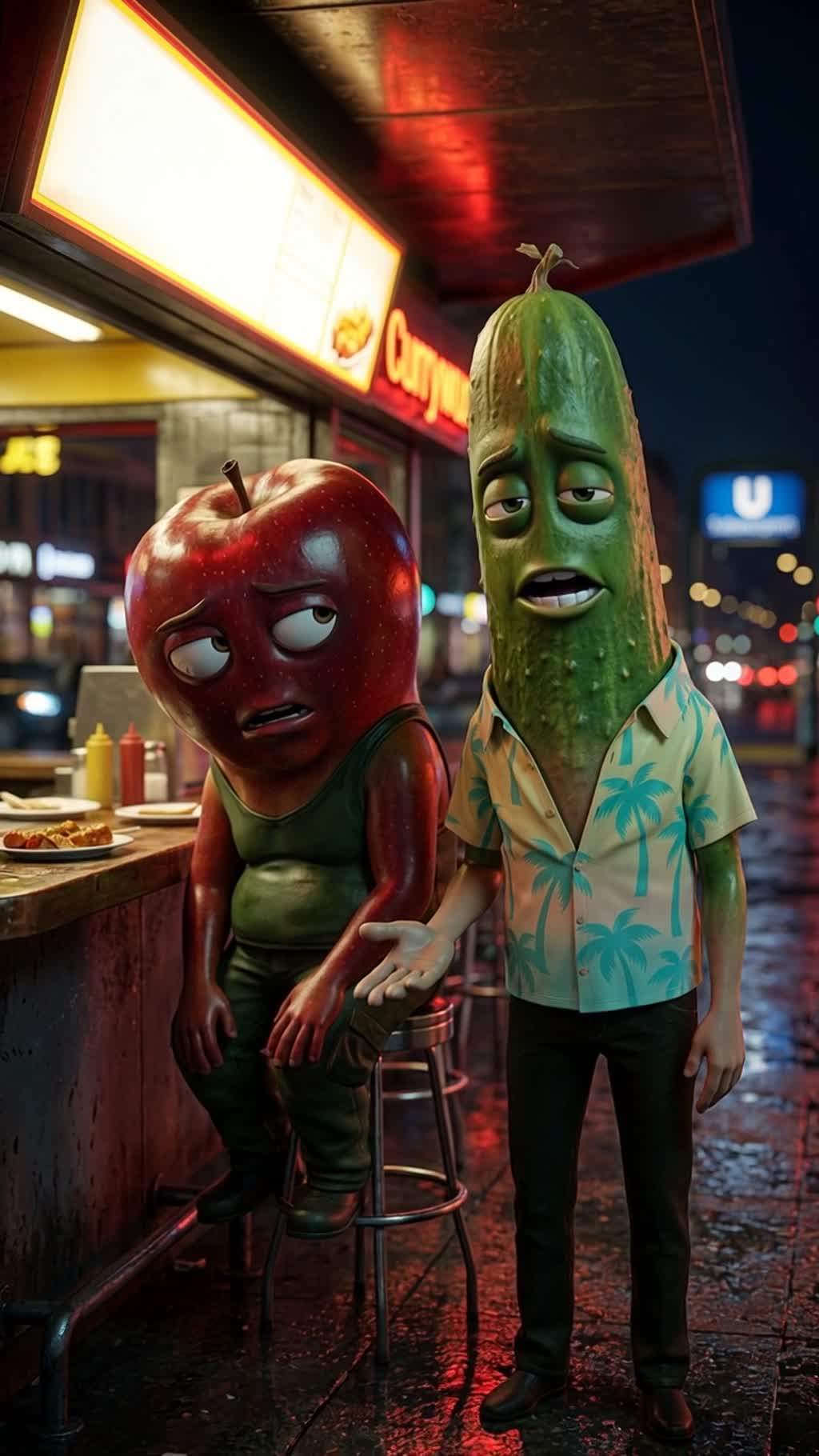 AI generated video: Neon currywurst stand at night, saturated red and yellow light reflecting off wet pavement, blurred city lights, a distant U-Bahn entrance sign, and a Curry-36-style glowing menu. Sammy Apple sits slumped at the counter, dead-eyed, while Ole stands beside him in his Hawaiian shirt, chewing smugly and facing the camera. Slight push-in on Ole, resigned and gleefully amoral vibe.

Characters in this shot (use the start frame as the visual source):
- Sammy Apple: role: Der Griesgrämige Ehemann, visual: apple man, voice: male voice.
- Ole: role: Der Verführer / Der Nachbar, visual: cucumber man, voice: male voice.
Keep each named character as listed. No humans, no human transformations, no extra characters.

Dialogue:
Ole (cucumber man, male voice): Komm, ich will das Baby auch nicht. Currywurst?
Sammy (apple man, male voice): Ja, komm. Mir doch egal.
Ole (cucumber man, male voice): Folge mir, oder ich schnapp mir deine Alte auch.