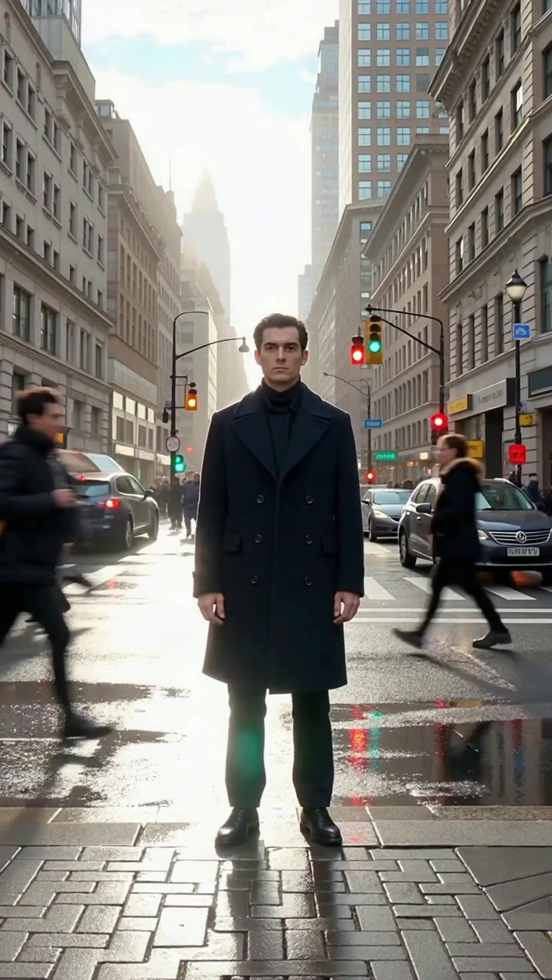 AI generated video: A cinematic wide mid-shot captured slightly from above, showing a man standing still in the middle of a busy city street filled with people moving fast. The camera looks down at a gentle angle, like from a drone or balcony. The man faces the camera, wearing a dark long coat that slightly waves in the wind. The crowd around him rushes past with strong motion blur and long exposure, creating a sense of fast-forward time. The man is perfectly sharp and motionless, full of calm focus, contrasting with the blurred motion of the world around him. Realistic lighting, soft daylight, shallow depth of field, film grain, high detail, wet pavement with light reflections, cinematic realism, poetic and dramatic atmosphere, shot on 85mm lens, realistic city environment, time-freeze effect.
