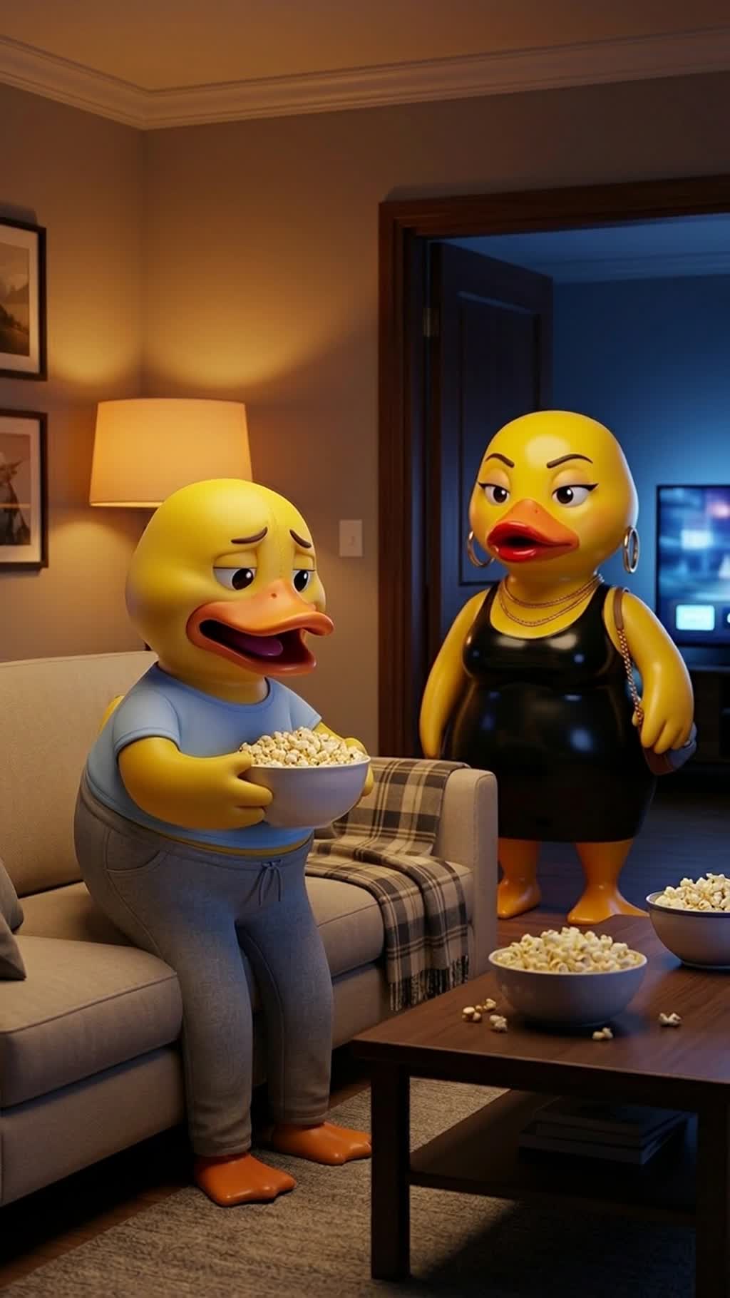 AI generated video: Vertical 9:16, premium 3D animation. Cozy modern living room at night with a plaid throw blanket on a beige sofa, a glowing TV, a dark wood coffee table with popcorn bowls, framed art on the wall, and warm amber lamp light. Dylan Duckett, a male anthropomorphic rubber duck with a matte yellow duck body, small side arms, soft rounded beak, and worried cartoon eyes, stands by the sofa holding popcorn. Vera Quackson, a glossy yellow female rubber duck with arched brows, pink lip gloss, tiny hoop earrings, and a tight black party dress accessory, faces him near the doorway with her purse strap over one wing. Camera angle is a medium two-shot from sofa height, intimate and warm.

Characters in this shot (use the start frame as the visual source):
- Dylan Duckett: role: Boyfriend, visual: male-coded adult Duckett character, not human, voice: male voice.
- Vera Quackson: role: Girlfriend, visual: female-coded adult Quackson character, not human, voice: female voice.
Keep each named character as listed. No humans, no human transformations, no extra characters.

Dialogue:
Dylan (male-coded adult Duckett character, male voice): Babe, movie night. Come sit with me.
Vera (female-coded adult Quackson character, female voice): Nah, it’s girls’ night. I’m out.