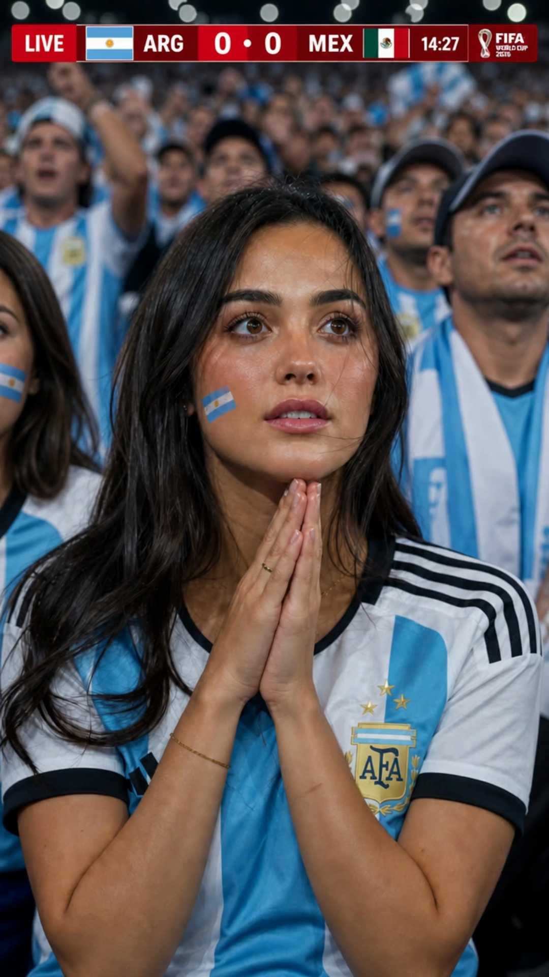 AI generated video: Packed floodlit World Cup stadium stands, vertical live-broadcast frame, telephoto compression and shallow depth of field. A red LIVE scorebug spans the top with Argentina and the opposing nation, flags, three-letter codes, running clock, channel logo, and FIFA World Cup 2026 styling. Lucía is centered in sharp focus among a dense sea of Argentina fans in sky-blue-and-white shirts and scarves. Lucía holds her breath, fingers clasped at her chin, eyes glistening as she watches the tense final phase.

Cast:
Lucía  -  woman, soft Argentine soprano, early-20s, warm Buenos Aires inflection, breathy whispered delivery.
Use only the cast above. Do not add characters or transform them into humans.

Dialogue:
Lucía (woman, soft Argentine soprano, early-20s, warm Buenos Aires inflection, breathy whispered delivery): "Come on, Argentina... just hold on."

Audio:
Speak only the text inside quotes. Do not say names, labels, or descriptions. After the final line, characters stay silent with closed mouths. No music.