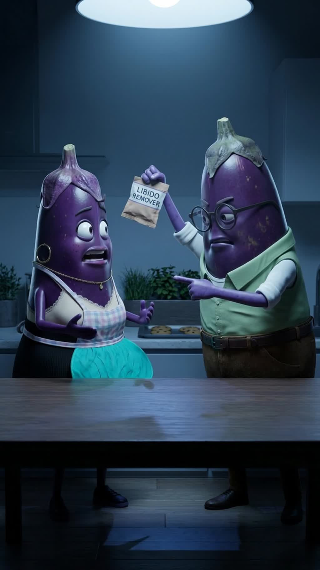 AI generated video: Same cool nighttime kitchen, wide kitchen-table shot with hard bluish light and long shadows. Gaston stands at one side of the wooden table, arm raised, holding the empty "LIBIDO REMOVER" packet toward Maribel while pointing at her with the other hand. Maribel stands opposite him, frozen and terrified, hands half-raised, teal apron wrinkled, eyes wide, mouth stammering. The counter, cookie tray, and dim herb planters sit behind them, and the confrontation feels explosive and immediate.

Characters in this shot (use the start frame as the visual source):
- Maribel: role: Wife, visual: woman, not human, voice: female voice.
- Gaston: role: Husband, visual: man, not human, voice: male voice.
Keep each named character as listed. No humans, no human transformations, no extra characters.

Dialogue:
Gaston (man, male voice): What did you do to me?
Maribel (woman, female voice): I... I don’t know what you’re talking about.
Gaston (man, male voice): Explain yourself. Now.