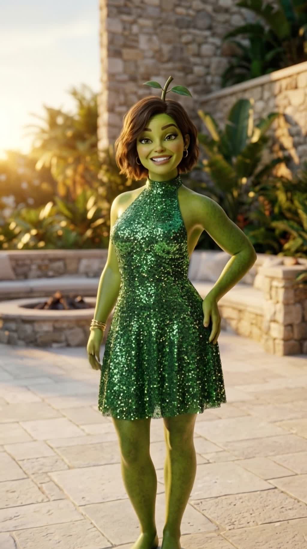 AI generated video: Luxury Mediterranean villa fire pit at sunrise, warm gold light spilling over pale stone and tropical plants, vertical 9:16, low-angle camera on Ava Avocado standing center frame facing the lens, green-skinned host with smooth avocado texture and confident posture, no contestants visible, cinematic film grain and shallow depth of field.

Characters:
Ava Avocado — Host. Show host — addresses the islanders and audience directly. Confident, witty, and commanding.

Dialogue:
Ava: Morning, lovers. Someone got caught moving mad.
Ava: Smiles, swims, and secrets. Yeah, it’s already messy.