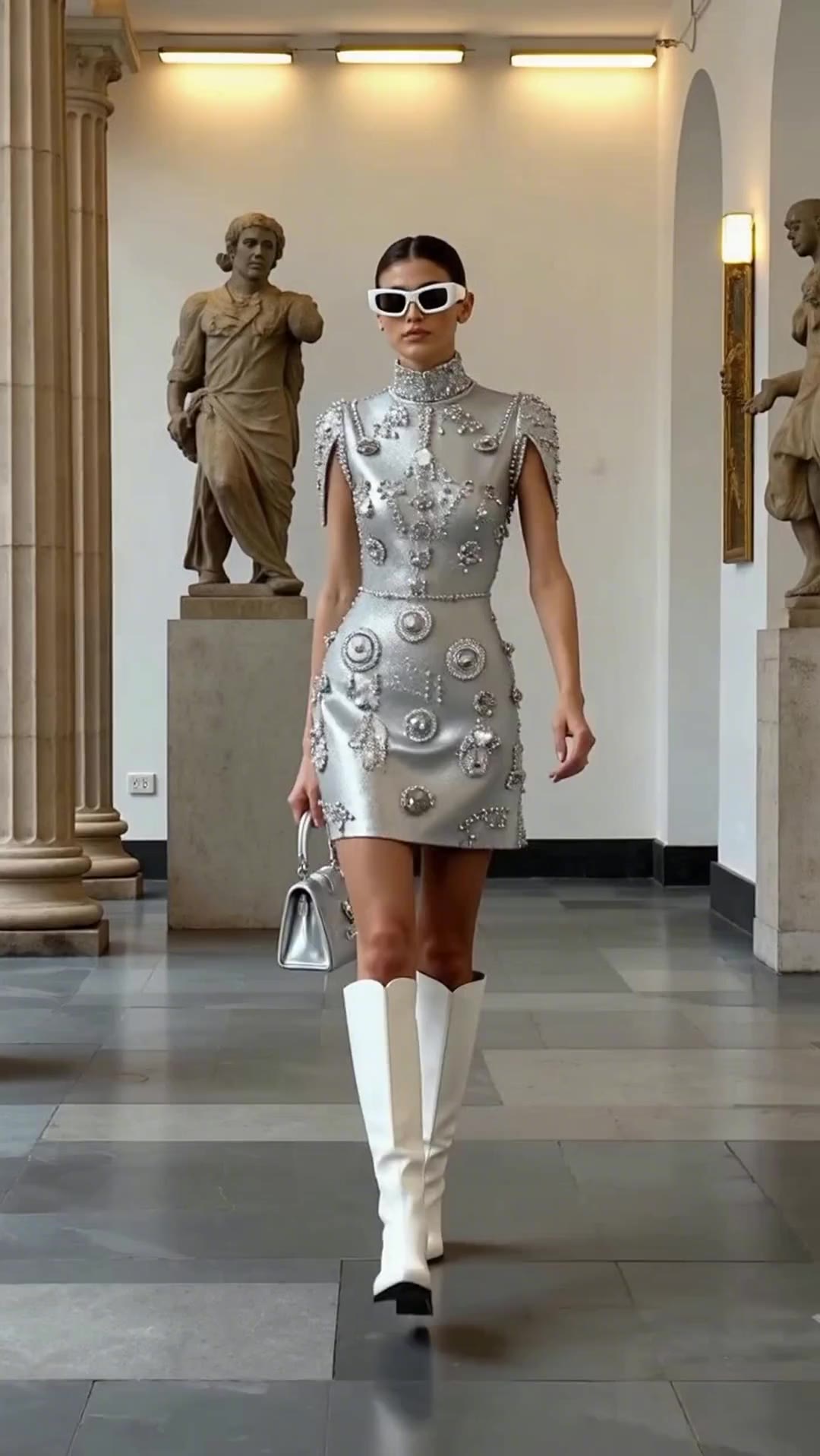 AI generated video: elegant model walking in a museum gallery, wearing a shimmering silver embellished A-line mini dress with a high neck, white knee-high patent leather boots, and futuristic white sunglasses, holding a metallic silver handbag, minimal neutral background with classical sculptures, soft lighting, high fashion editorial photography, cinematic composition, luxury aesthetic