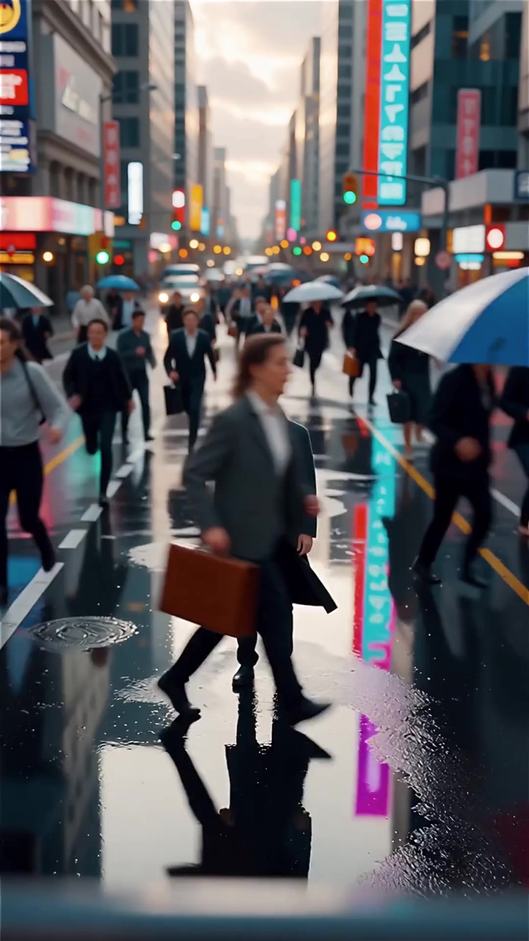 AI generated video: A cinematic wide mid-shot captured slightly from above, showing a man standing still in the middle of a busy city street filled with people moving fast. The camera looks down at a gentle angle, like from a drone or balcony. The man faces the camera, wearing a dark long coat that slightly waves in the wind. The crowd around him rushes past with strong motion blur and long exposure, creating a sense of fast-forward time. The man is perfectly sharp and motionless, full of calm focus, contrasting with the blurred motion of the world around him. Realistic lighting, soft daylight, shallow depth of field, film grain, high detail, wet pavement with light reflections, cinematic realism, poetic and dramatic atmosphere, shot on 85mm lens, realistic city environment, time-freeze effect.