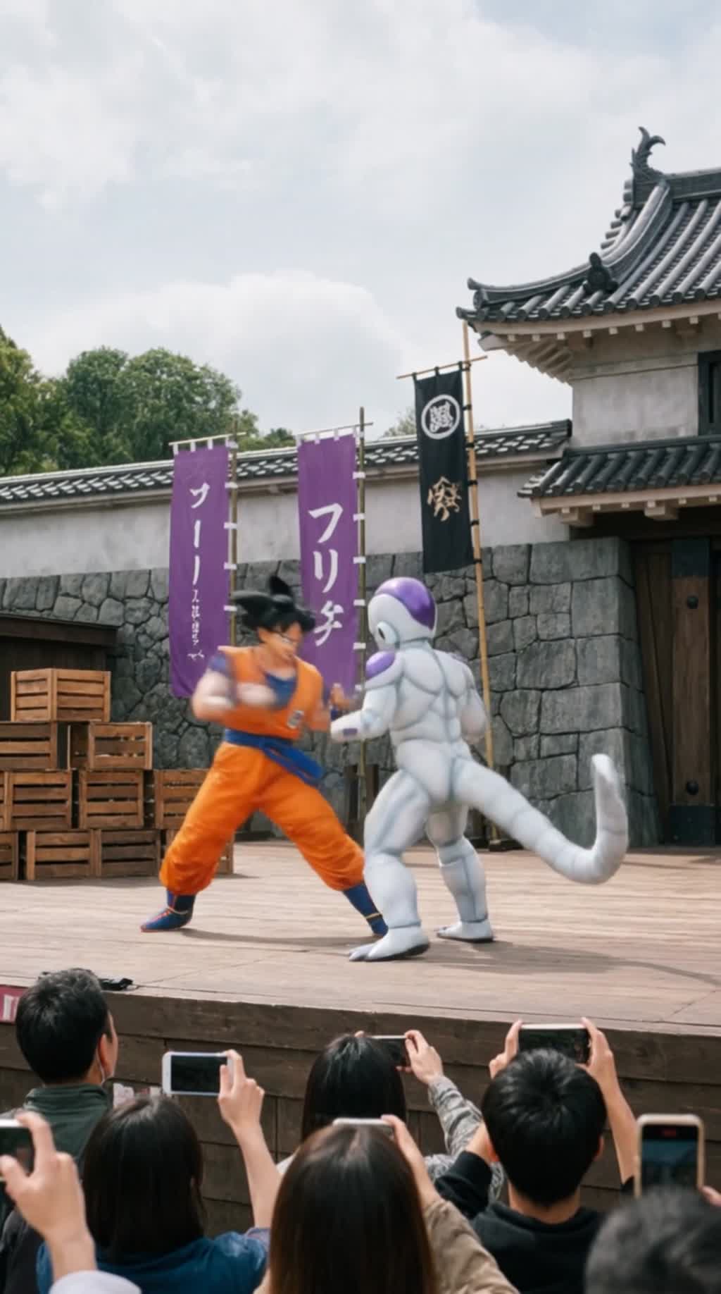 AI generated video: [00.00 - 00.01] Static shot, wide-ish medium-full: Character A and Character B square off center stage in mirrored ready stances, both full bodies visible, audience phone silhouettes in foreground. Taiko-flavored driving music underpins the moment; crowd murmurs build.
[00.01 - 00.02] Same static camera, slight handheld micro-bob: Character A lunges forward with a rapid flurry of close-range punches; Character B parries and slips with athletic, choreographed blocks. Shallow motion blur on fast limbs, crisp impact framing on each strike.
[00.02 - 00.03] Same setup: Character A lands a solid blow that forces a visible recoil in Character B; camera holds wide enough to capture the torque in both stances.
[00.03 - 00.04] Same setup: Character B executes a powerful counterpunch with his tail whipping around, grabs Character A and heaves him toward the left prop stack — Character A crashes through stacked wooden crates in an explosive shower of splinters and dust; audience gasps peak. Camera steadies to capture flying debris arcs and a brief slow-motion-like clarity on falling fragments.
[00.04 - 00.05] Same setup: Character A flips up from the wreckage, regains stance in a quick recovery beat, facing Character B; audience phones flash.
[00.05 - 00.06] Same setup: Character A charges and launches a dynamic flying kick toward Character B; leg extended, motion emphasized by a clean silhouette against the sky. Character B blocks with a forearm, redirecting Character A to spin and land in a low crouch.
[00.06 - 00.07] Same setup: Character B delivers a high spinning kick; Character A ducks beneath it and immediately follows with a low leg sweep — Character B trips and falls backward onto the wooden stage. Audience emits a sharp audible "Oh!" captured as a surge in the crowd track.
[00.07 - 00.08] Same setup: Character B rolls and springs back up into stance; both fighters freeze in an intense ready pose facing one another, chests heaving slightly. The crowd erupts in enthusiastic applause and cheers as the music crescendos. Ambient lake and forest remain visible, grounding the tableau in its scenic outdoor setting.
SFX: 'amplified punches and kicks, crisp thuds for each strike'

SFX: 'woosh/swish of rapid movement on evades and flying kick'

SFX: 'loud crash and splintering smash as Character A hits wooden crates at 00.03-00.04'

SFX: 'audience gasp ("Oh!") at 00.06-00.07'

SFX: 'audience cheers and applause peaks at 00.07-00.08'

Ambient: 'energetic driving instrum