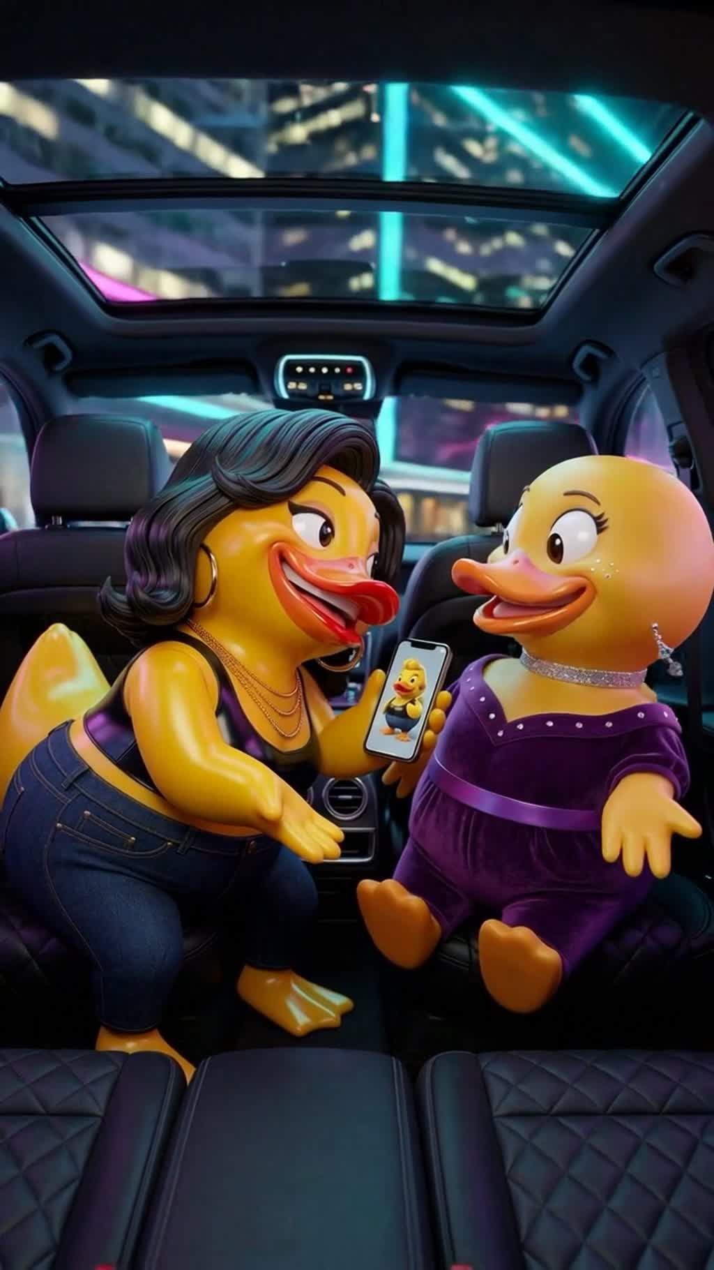 AI generated video: Vertical 9:16, premium 3D animation. Luxury car interior at night with quilted black seats, glowing dashboard lights, and a panoramic sunroof framing neon city streaks in cyan and magenta. Vera Quackson sits in the back seat with Mina Mallow and another unnamed silent female rubber duck friend implied only by framing? No, keep only listed characters: Vera and Mina. Vera, glossy yellow with pink gloss and party jewelry, leans toward Mina, grinning and holding up a phone showing a photo of a hot rubber duck. Mina Mallow, matte-to-satin yellow with a playful smile, sparkly top, and dangling earrings, giggles beside her. Camera angle is a tight side interior shot, lively and bouncy.

Characters in this shot (use the start frame as the visual source):
- Vera Quackson: role: Girlfriend, visual: female-coded adult Quackson character, not human, voice: female voice.
- Mina Mallow: role: Female Friend, visual: female-coded adult Mallow character, not human, voice: female voice.
Keep each named character as listed. No humans, no human transformations, no extra characters.

Dialogue:
Mina (female-coded adult Mallow character, female voice): Girrrl, he’s cute. That’s the one?
Vera (female-coded adult Quackson character, female voice): Yup. I’m flirting tonight.
Mina (female-coded adult Mallow character, female voice): This is messy, but I’m obsessed.