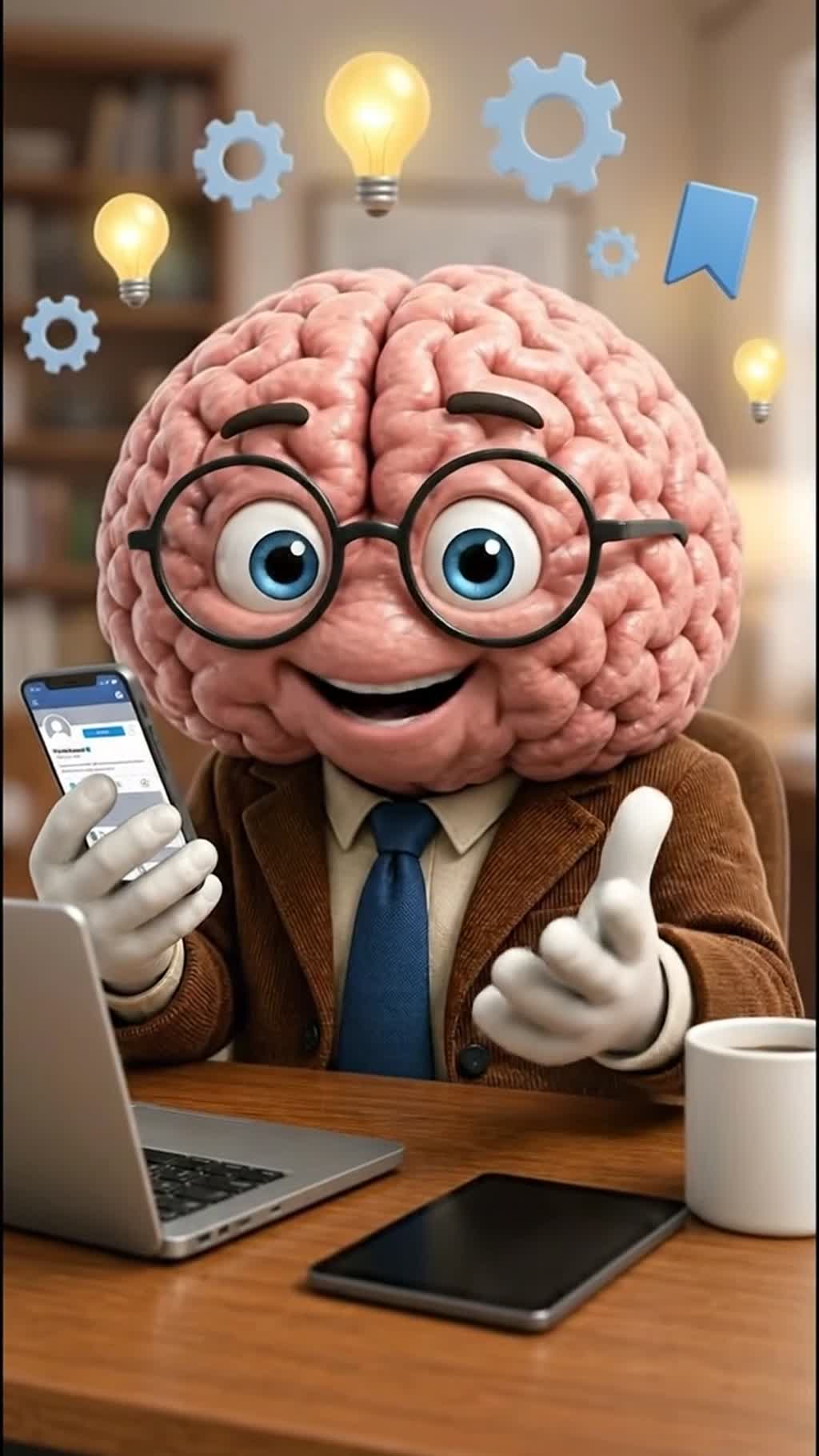 AI generated video: Warm office desk outro in vertical 9:16 featuring Professor Brain, an anthropomorphic pink human brain with a textured wrinkled surface, large friendly blue eyes behind round black-framed glasses, a small smiling mouth, and white-gloved cartoon hands. Professor Brain wears a warm brown corduroy suit jacket over a light shirt with a blue tie and sits at a clean wooden office desk with a laptop, a coffee mug, and soft floating tip icons like a lightbulb, gear, and bookmark. The camera is fixed at eye level with shallow depth of field, warm inviting diffused lighting, and a softly blurred office background. Professor Brain smiles into camera while holding a smartphone showing a profile feed.

Characters in this shot (use the start frame as the visual source):
- Professor Brain: role: Host, visual: non-human adult Brain character, not human.
Keep each named character as listed. No humans, no human transformations, no extra characters.

Dialogue:
Professor Brain (non-human adult Brain character): You found the right place.
Professor Brain (non-human adult Brain character): Follow for real fixes you can use today.