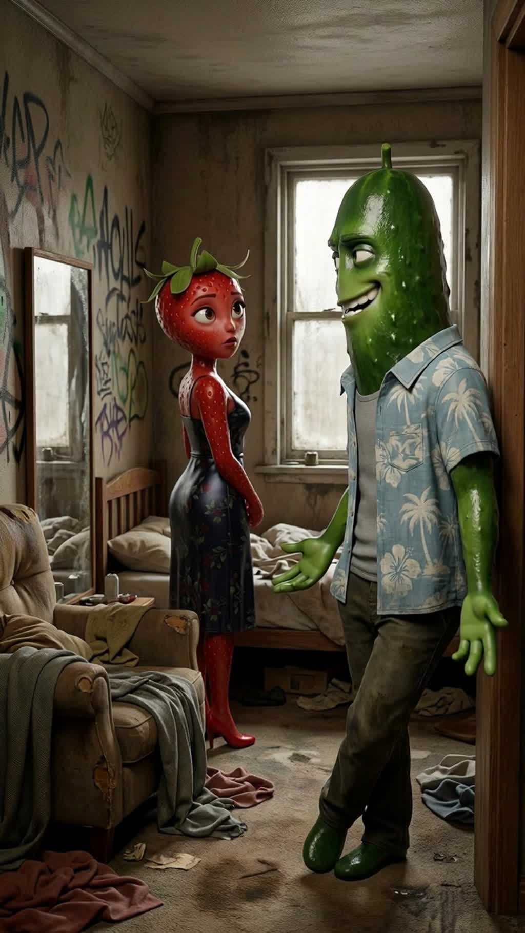 AI generated video: Late morning inside Ole's messy bedroom with an unmade bed, rumpled armchair, graffiti-stained walls, a cheap mirror, and drab daylight through one grimy window. Close medium shot from the side. Ole, a lean cucumber man in a loud Hawaiian shirt with glossy green textured skin, leans in the doorway smirking at Stella Strawberry. Stella stands near the bed, half-turned toward him, flushed and curious. The room feels warm, cramped, and shameless.

Characters in this shot (use the start frame as the visual source):
- Stella Strawberry: role: The Deceptive Wife, visual: strawberry woman, voice: female voice.
- Ole: role: The Leering Lover, visual: cucumber man, voice: male voice.
Keep each named character as listed. No humans, no human transformations, no extra characters.

Dialogue:
Ole (cucumber man, male voice): Hey pretty thing, need more than salt?
Stella (strawberry woman, female voice): I just came for salt.
Ole (cucumber man, male voice): Get in here, then.
