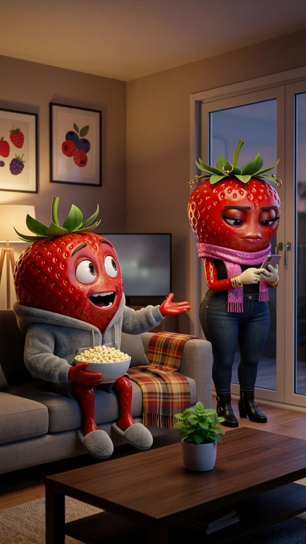 AI generated video: Cozy warm-lit living room with a grey sofa, plaid throw blanket, dark wood coffee table with a small potted mint, framed abstract berry art on the wall, soft lamp glow at dusk. Camera: medium two-shot, slight warm film grain, eye-level. Bruno Strawberry (boyfriend) sits on the sofa holding a bowl of popcorn, hopeful expression, small cartoon arms gesturing toward a muted TV. Lola Strawberry (girlfriend) stands by a modern glass door, bright red strawberry body with glossed seeds, styled green calyx hair, wearing a glittery pink scarf, looking dismissive and checking her phone. Tone: cozy, tender, quiet.

Characters in this shot (use the start frame as the visual source):
- Boyfriend: role: Boyfriend, visual: man, not human, voice: male voice.
- Girlfriend: role: Girlfriend, visual: woman, not human, voice: female voice.
Keep each named character as listed. No humans, no human transformations, no extra characters.

Dialogue:
Boyfriend (man, male voice): Babe, movie's starting. Come watch.
Girlfriend (woman, female voice): Nah, girrrl night. I'm out.