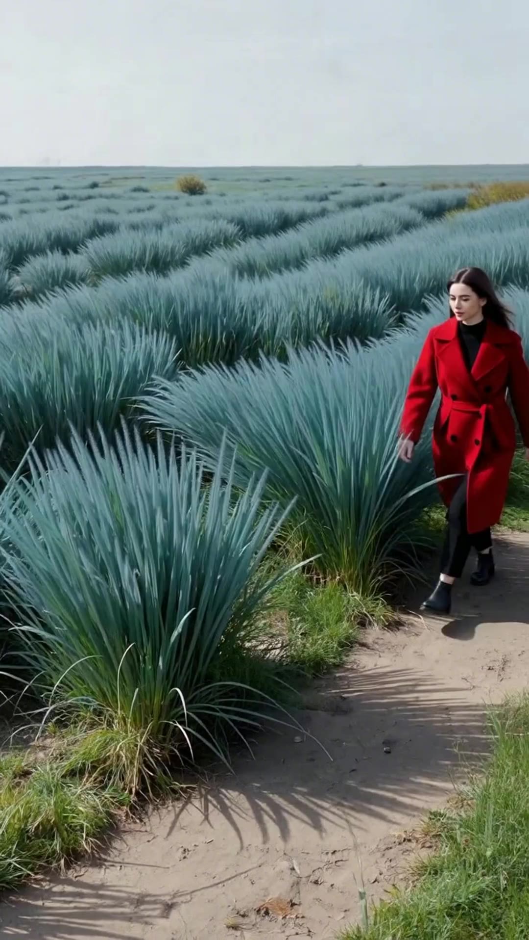 AI generated video: A woman in a red trench coat walks across a vast, knee-length field of blue grass, filling the entire screen. Long black hair, pale skin. An extreme long shot, the camera looking down from above. It feels like an illustration. Realistic. Minimalist. Intense. Uncanny.