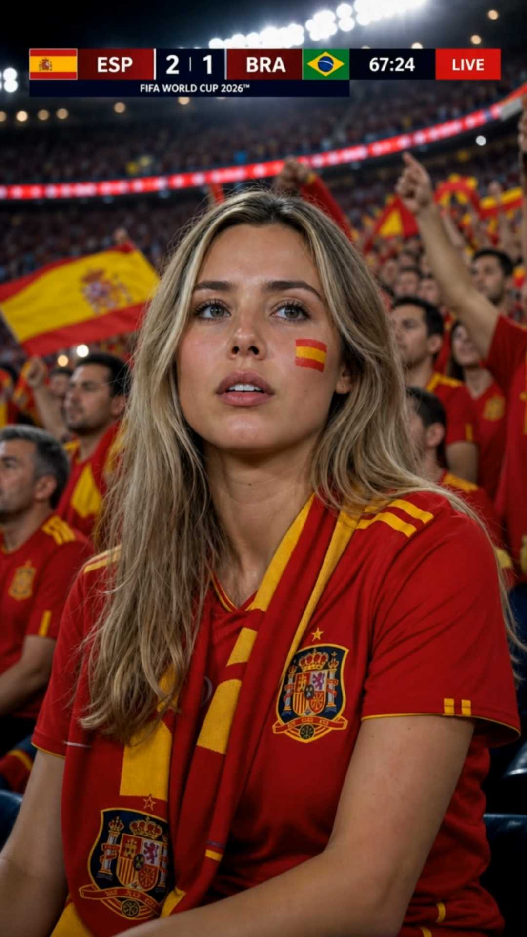 AI generated video: Packed floodlit World Cup stadium stands, dense sea of Spain supporters in red shirts and scarves, blurred flags and raised hands filling the background. A live broadcast scorebug spans the top with both flags, 3-letter codes, live score, match clock, red LIVE tag, and FIFA WORLD CUP 2026 styling. Lucia Alvarez is centered in sharp focus, facing the pitch off-camera. Lucia holds her breath, then whispers a tiny prayer and presses her knuckles together under her chin as the red crowd shimmers softly behind her.

Cast:
Lucia Alvarez  -  Alvarez woman, soft bright soprano, early 20s, gentle Madrid accent, breathy and quietly urgent.
Use only the cast above. Do not add characters or transform them into humans.

Dialogue:
Lucia (Alvarez woman, soft bright soprano, early 20s, gentle Madrid accent, breathy and quietly urgent): "Come on, Spain, hold on just a little longer."

Audio:
Speak only the text inside quotes. Do not say names, labels, or descriptions. After the final line, characters stay silent with closed mouths. No music.