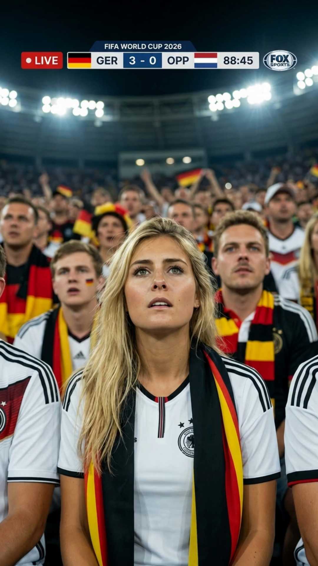 AI generated video: Packtes WM-Stadion bei Nacht unter grellen Flutlichtmasten, vertikale 9:16 Live-Übertragung mit realem Scorebug am oberen Rand: deutsche und gegnerische Flaggen, 3-Buchstaben-Codes, laufende Spielzeit, rotes LIVE-Schild, FIFA WORLD CUP 2026-Optik und Senderlogo. Lena steht mittig im Vordergrund, scharf im Fokus, im weißen Deutschland-Heimtrikot und mit Schal über den Schultern; hinter ihr ein unscharfer Teppich aus schwarz-rot-goldenen Fans. Sie beißt sich auf die Lippe und hält den Atem an, während ihr Blick starr auf das Spiel gerichtet bleibt.

Cast:
Lena  -  helle, weiche Sopranstimme, frühe 20er, deutscher Akzent, flüsternd und zittrig, kurze abgehackte Phrasen.
Use only the cast above. Do not add characters or transform them into humans.

Dialogue:
Lena (helle, weiche Sopranstimme, frühe 20er, deutscher Akzent, flüsternd und zittrig, kurze abgehackte Phrasen): "Bitte, Deutschland, jetzt."

Audio:
Speak only the text inside quotes. Do not say names, labels, or descriptions. After the final line, characters stay silent with closed mouths. No music.