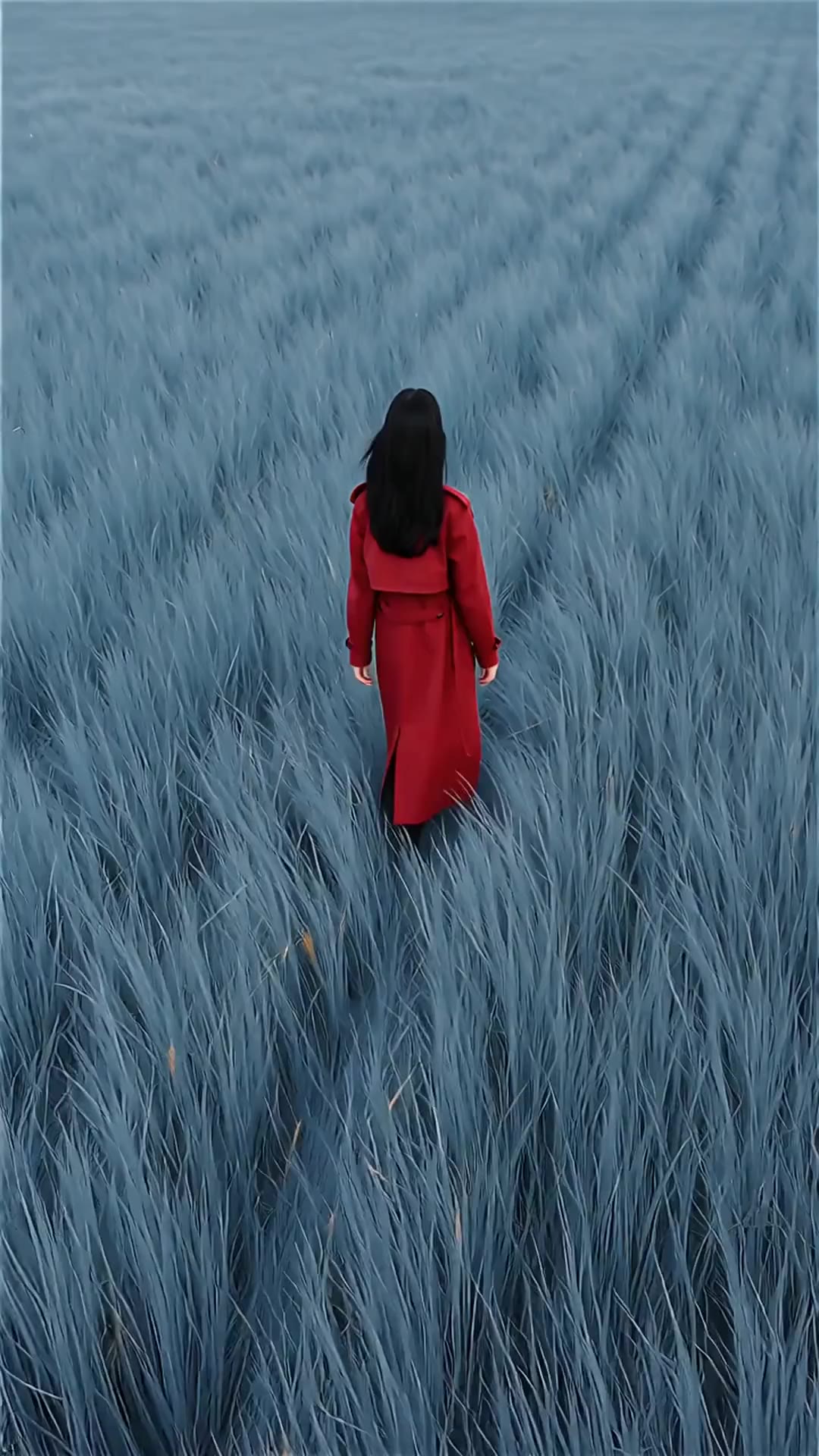 AI generated video: A woman in a red trench coat walks across a vast, knee-length field of blue grass, filling the entire screen. Long black hair, pale skin. An extreme long shot, the camera looking down from above. It feels like an illustration. Realistic. Minimalist. Intense. Uncanny.