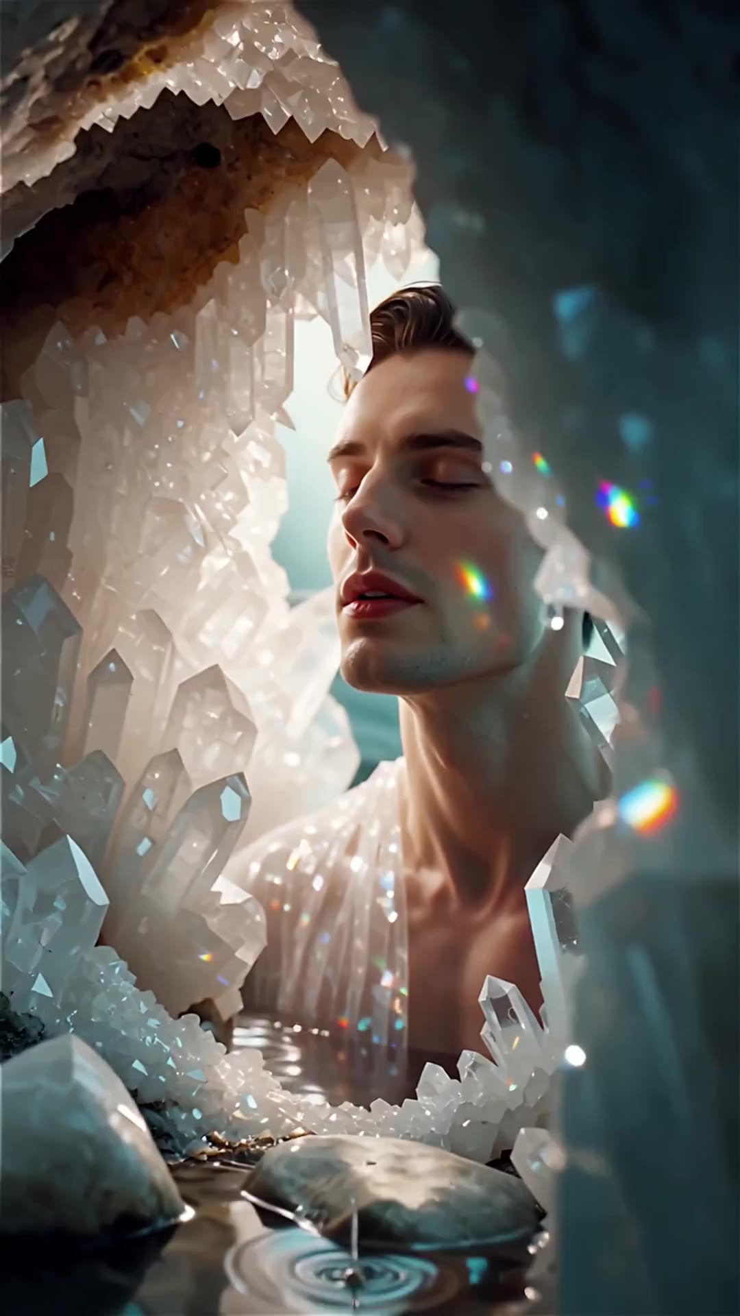 AI generated video: portrait, gorgeous man's face in crystallines structure speleothem, radiant, reflection and refraction, 8K, UHD, quality studio photo