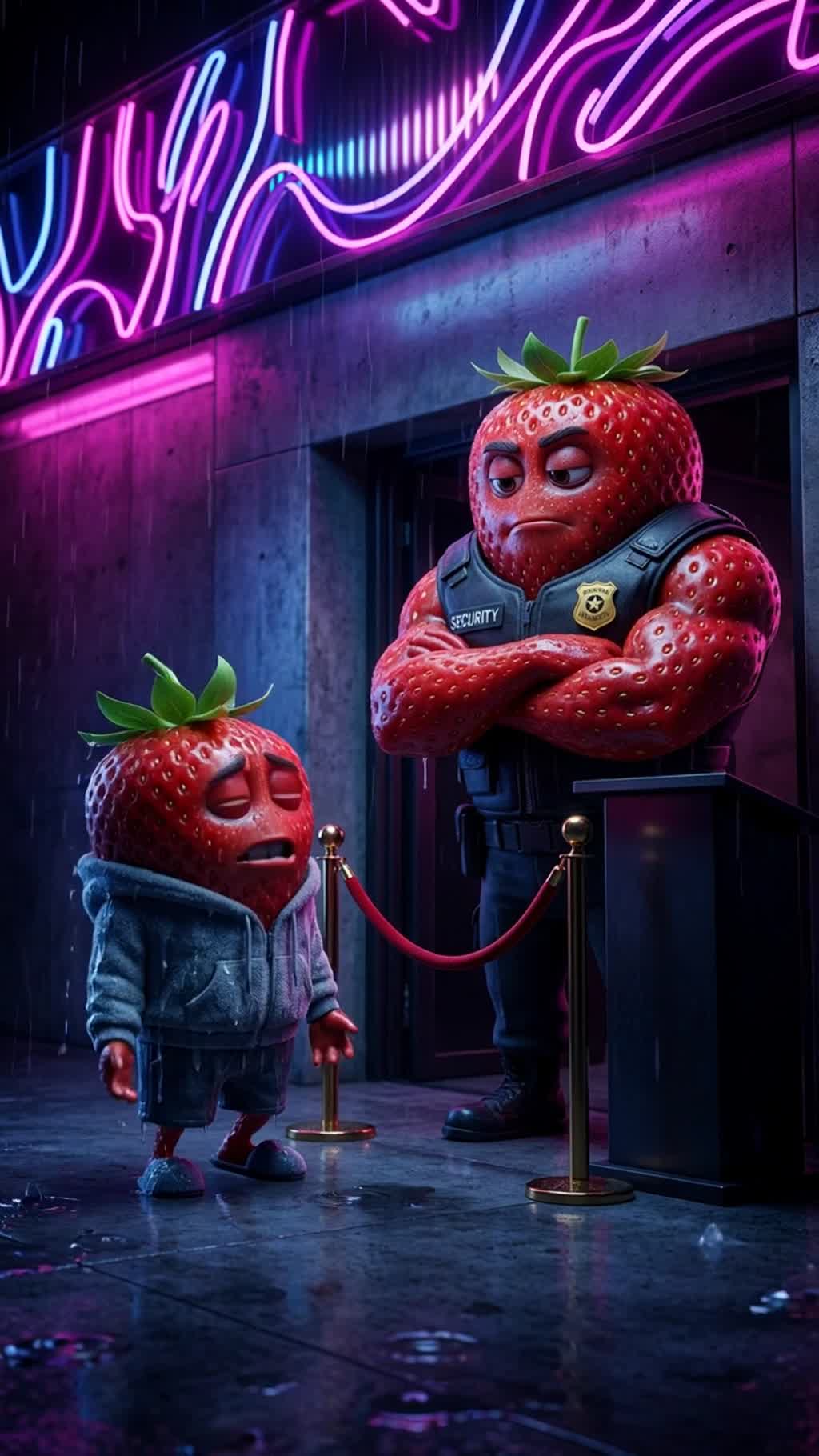 AI generated video: Club entrance with red velvet rope, neon 'NOCTURNE' sign flickering, polished concrete, bouncer podium. Camera: medium low-angle on Bouncer Strawberry, imposing muscular strawberry silhouette with thick calyx and leather vest, arms crossed. Bruno Strawberry stands in front of the rope, soaked from light rain, pleading. Lighting: saturated magenta and blue rim light, harsh shadow. Tone: humiliating confrontation.

Characters in this shot (use the start frame as the visual source):
- Boyfriend: role: Boyfriend, visual: man, not human, voice: male voice.
- Bouncer: role: Bouncer, not human.
Keep each named character as listed. No humans, no human transformations, no extra characters.

Dialogue:
Boyfriend (man, male voice): Please, let me in. I just want to see her.
Bouncer: Look at you. Your seeds aren't even ripe, you scare guests.
Bouncer: Move along.