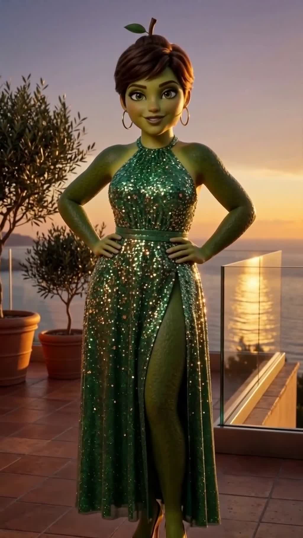 AI generated video: Luxury villa rooftop terrace at golden sunset. Camera: medium close, slight low angle, warm rim light and lens grain. Ava Avocado stands center facing camera, confident posture. Ava Avocado is an anthropomorphic avocado woman with smooth green skin blending into a human face, short brown hair with a small stem, large expressive green eyes, hoop earrings, and a sparkling green halter dress. Background: terracotta tiles, potted olive trees, glass rail reflecting sun, distant Mediterranean sea. Ava smiles, hands on hips, addressing audience directly. Energetic, teasing tone.

Characters in this shot (use the start frame as the visual source):
- Ava Avocado: role: Host, visual: avocado woman, voice: female voice.
Keep each named character as listed. No humans, no human transformations, no extra characters.

Dialogue:
Ava (avocado woman, female voice): Tonight we play Truth Taste. Chaos and secrets. Buckle up.
