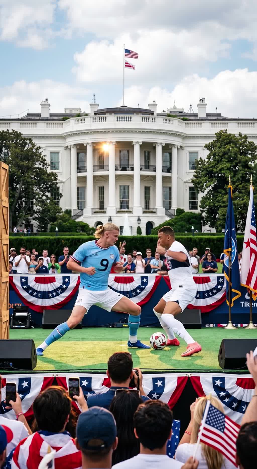 AI generated video: A steady, slightly upward-angle audience POV of an outdoor performance stage set up on the South Lawn in front of the White House in Washington, D.C., medium-full framing that keeps both full bodies of Player A (left, tall athletic striker with long blond hair tied back, sky-blue kit with white trim) and Player B (right, lean agile forward with short dark hair, white kit with navy and red accents) in frame, with the iconic columned facade of the White House, the American flag flying overhead, and surrounding trees visible in the background. 35mm lens, moderate depth of field so foreground phone-holding silhouettes are softly blurred while the stage and Presidential residence remain readable; soft warm late-afternoon sunlight casts long gentle shadows across the wooden planked platform. Camera held with minimal natural handheld movement, eye-level to slightly low-angle composition, no intentional zooms or pans — the action plays out within a stable frame flanked by American flag bunting and star-spangled vertical banners.
[00.00 - 00.01] Static shot, wide-ish medium-full: Player A and Player B square off center stage in mirrored ready stances, both full bodies visible, a football resting on the planks between them, audience phone silhouettes in foreground. Driving brass-and-drum patriotic music underpins the moment; crowd murmurs build.
[00.01 - 00.02] Same static camera, slight handheld micro-bob: Player A lunges forward with a rapid flurry of close-range punches; Player B parries and slips with athletic, choreographed blocks. Shallow motion blur on fast limbs, crisp impact framing on each strike.
[00.02 - 00.03] Same setup: Player A lands a solid blow that forces a visible recoil in Player B; camera holds wide enough to capture the torque in both stances.
[00.03 - 00.04] Same setup: Player B executes a powerful counterpunch, grabs Player A and heaves him toward the left prop stack — Player A crashes through stacked wooden crates in an explosive shower of splinters and dust; audience gasps peak. Camera steadies to capture flying debris arcs and a brief slow-motion-like clarity on falling fragments.
[00.04 - 00.05] Same setup: Player A flips up from the wreckage, regains stance in a quick recovery beat, facing Player B; audience phones flash.
[00.05 - 00.06] Same setup: Player A charges and launches a dynamic flying kick toward Player B; leg extended, motion emphasized by a clean silhouette against the sky with the White House visible behind. Player B block