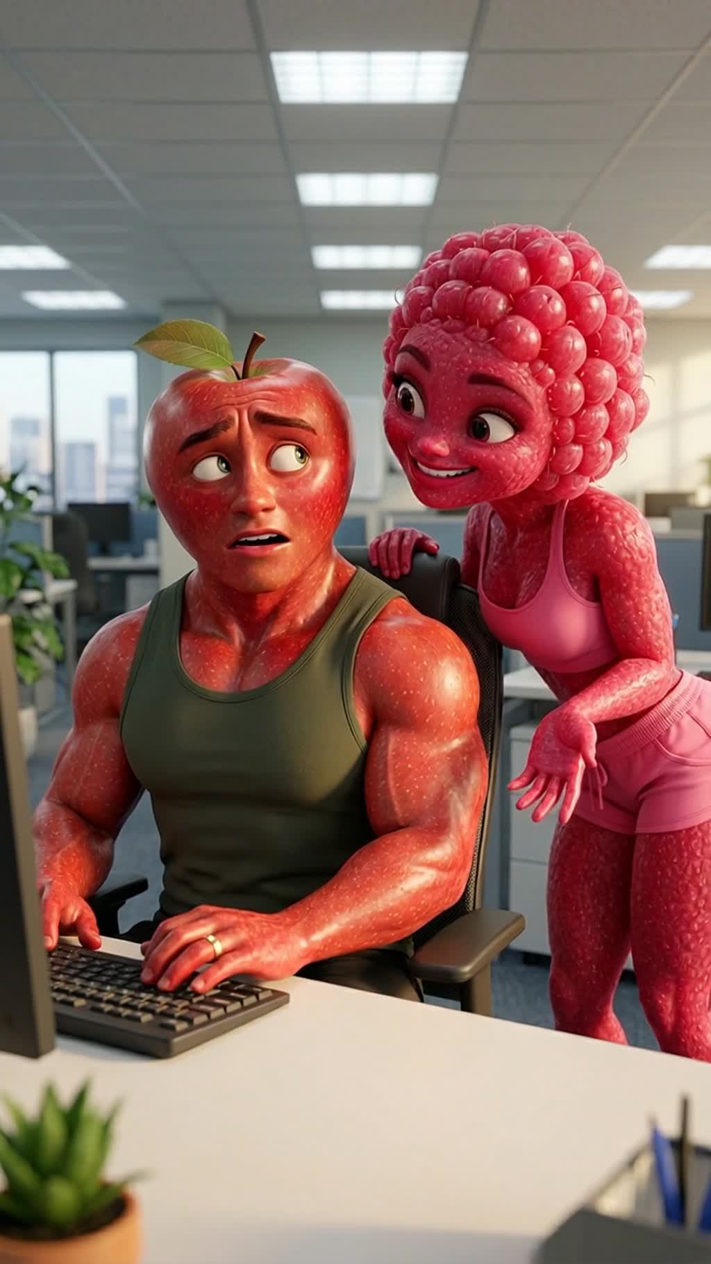 AI generated video: Interior modern office, midday. Close medium shot at Tommy Apple's desk. Rex Raspberry steps closer, playful and inviting, palm resting on the back of his chair, leaning in too close while smiling. Tommy looks guilty and tired, shoulders tense but polite, hands on his keyboard. Camera: steady medium close, shallow depth of field blurring the far background. Fluorescent overhead lights contrast with warm skin tones. Emotional tone: escalating flirtation and discomfort. Only Tommy Apple and Rex Raspberry are present.

Characters in this shot (use the start frame as the visual source):
- Tommy Apple: role: Faithful Spouse, visual: apple man, voice: male voice.
- Rex Raspberry: role: Tempter, visual: raspberry woman, voice: female voice.
Keep each named character as listed. No humans, no human transformations, no extra characters.

Dialogue:
Rex (raspberry woman, female voice): Grab dinner sometime? I love talking with you.
Rex (raspberry woman, female voice): What do you think of my body?
Tommy (apple man, male voice): I can't, I'm married.
