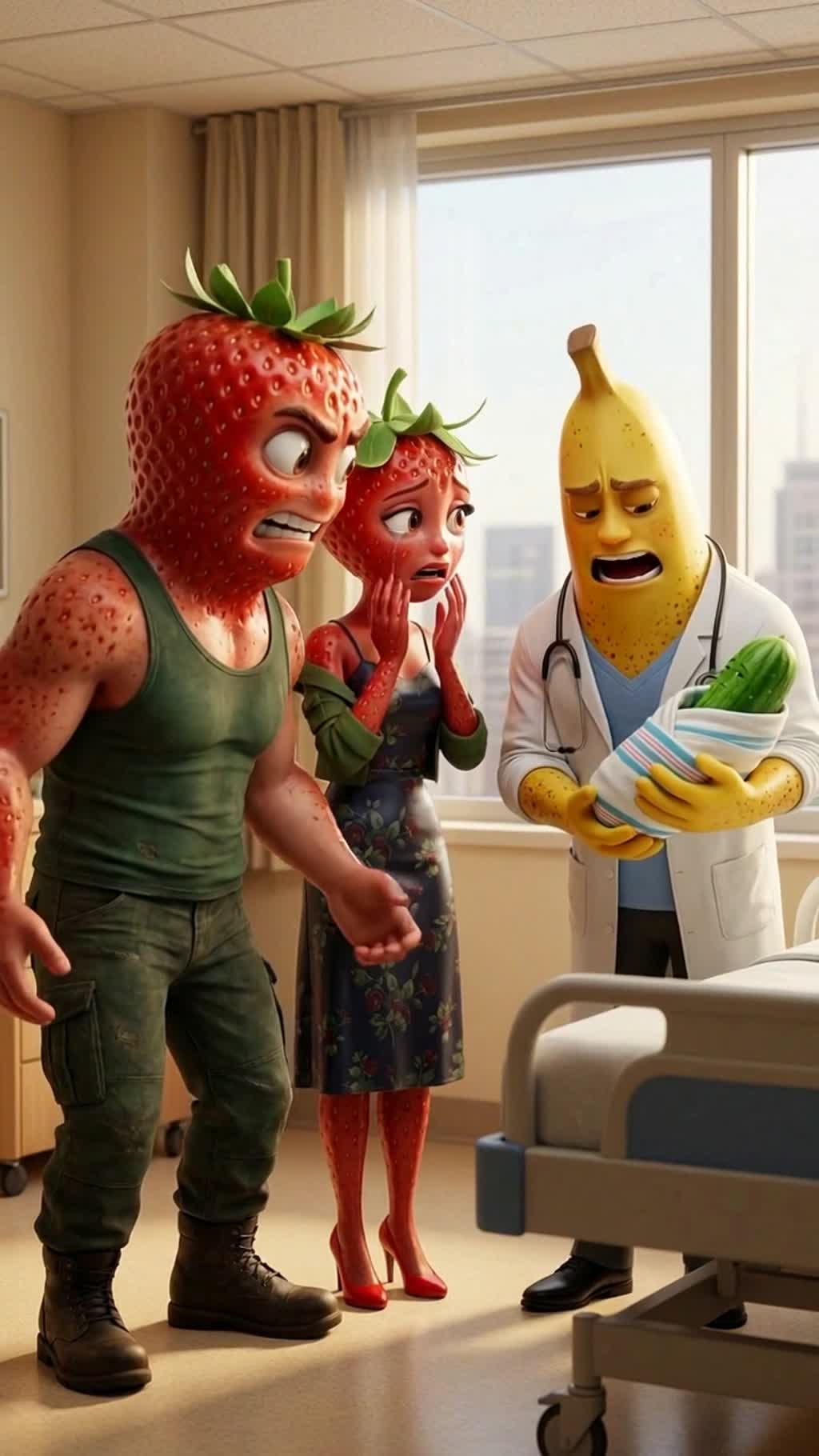 AI generated video: Warm hospital room with soft daylight, clean white walls, a bed rail, and blurred city skyline outside a large window. Front-facing medium shot. Doctor, a calm banana man in a white coat and stethoscope, stands by the bed holding a swaddled baby that clearly has tiny cucumber shape and green texture. Sammy Strawberry recoils with a furious open mouth while Stella Strawberry cries with trembling hands. The banana doctor looks confused but professional.

Characters in this shot (use the start frame as the visual source):
- Sammy Strawberry: role: The Grumpy Husband, visual: strawberry man, voice: male voice.
- Stella Strawberry: role: The Deceptive Wife, visual: strawberry woman, voice: female voice.
- Doctor: role: The Neutral Professional, visual: banana man, voice: male voice.
Keep each named character as listed. No humans, no human transformations, no extra characters.

Dialogue:
Sammy (strawberry man, male voice): What the hell is that?
Doctor (banana man, male voice): I... I think it's a cucumber.
Stella (strawberry woman, female voice): Sammy, please, I can explain.
Sammy (strawberry man, male voice): Is this Ole's kid?