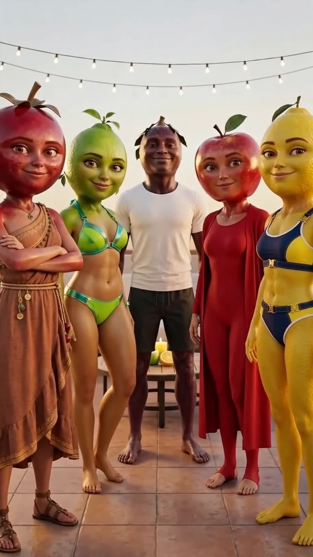 AI generated video: Terrace game area at late afternoon, camera wide shot, warm fill light. Five contestants stand in a semicircle facing camera: Maya Cranberry, Lola Lime, Finn Fig, Ava Apple, Leo Lemon. Maya Cranberry is an anthropomorphic cranberry woman with glossy cranberry skin and subtle dimples, wearing Sienna linen one-shoulder dress, composed. Lola Lime is an anthropomorphic lime woman with smooth lime-green peel texture, wearing bright lime-green bikini with metallic trim, sly grin. Finn Fig is an anthropomorphic fig man with velvety fig skin and tiny speckles, wearing fitted white tee and dark swim shorts, relaxed. Ava Apple is an anthropomorphic apple woman with glossy red apple skin, wearing a red maxi swimsuit and matching cardigan, curious. Leo Lemon is an anthropomorphic lemon man with smooth lemon-yellow peel, wearing chic citrus-yellow swimwear, knowing smirk. Each contestant wears playful scented masks. Ava Avocado stands off-camera introducing rules. Background: tiled terrace, string lights, citrus-scented candles on low table. Energy: playful competitive.

Characters in this shot (use the start frame as the visual source):
- Maya Cranberry: role: Contestant, visual: cranberry woman, voice: female voice.
- Lola Lime: role: Contestant, visual: lime woman, voice: female voice.
- Finn Fig: role: Contestant, visual: fig man, voice: male voice.
- Ava Apple: role: Contestant, visual: apple woman, voice: female voice.
- Leo Lemon: role: Contestant, visual: lemon man, voice: male voice.
Keep each named character as listed. No humans, no human transformations, no extra characters.

Dialogue:
Maya (cranberry woman, female voice): I'm watching everyone like a hawk.
Lola (lime woman, female voice): Bring it on, babe.
Finn (fig man, male voice): This is gonna be chaos.
Leo (lemon man, male voice): I'm calm. For now.