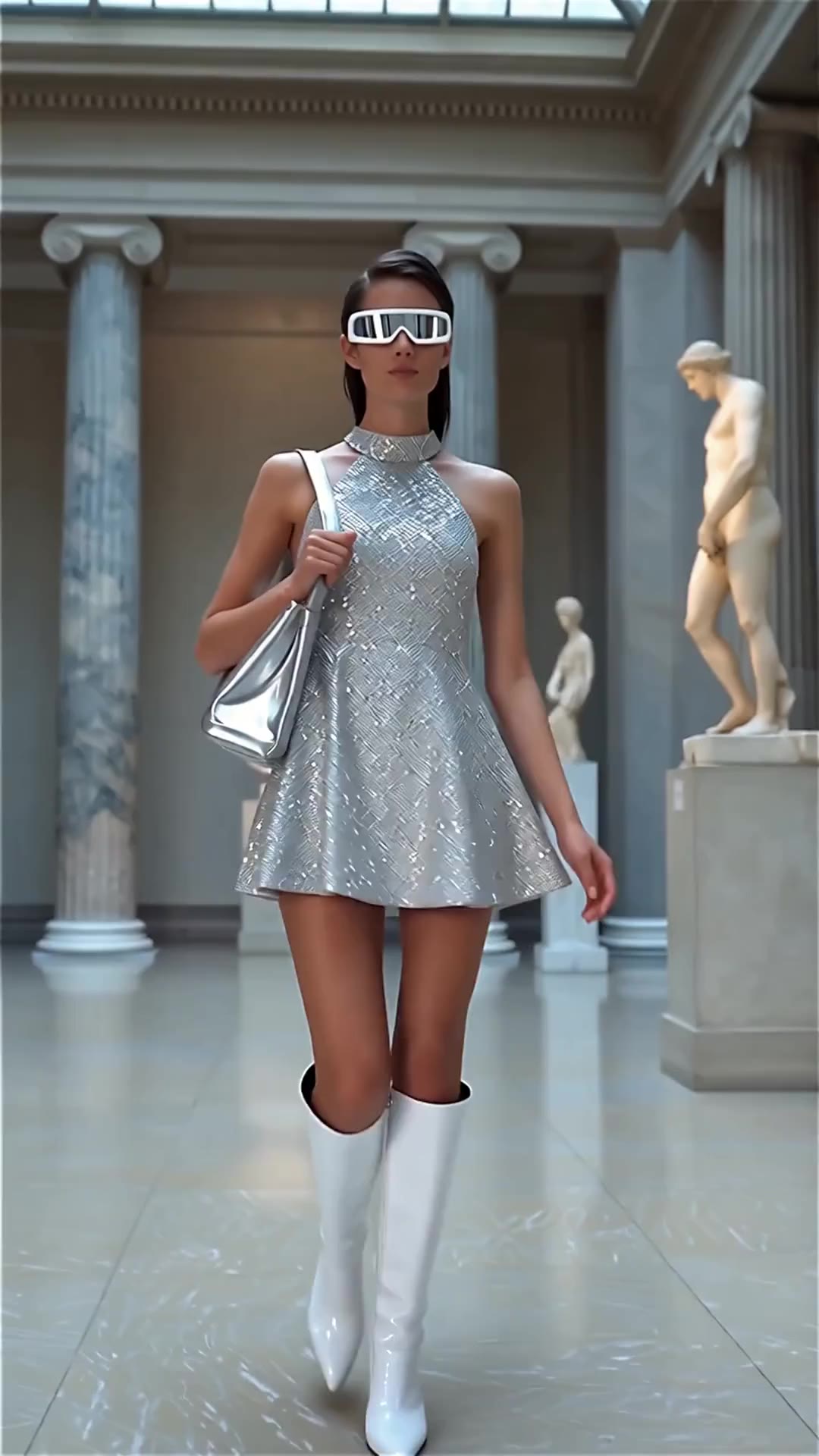 AI generated video: elegant model walking in a museum gallery, wearing a shimmering silver embellished A-line mini dress with a high neck, white knee-high patent leather boots, and futuristic white sunglasses, holding a metallic silver handbag, minimal neutral background with classical sculptures, soft lighting, high fashion editorial photography, cinematic composition, luxury aesthetic