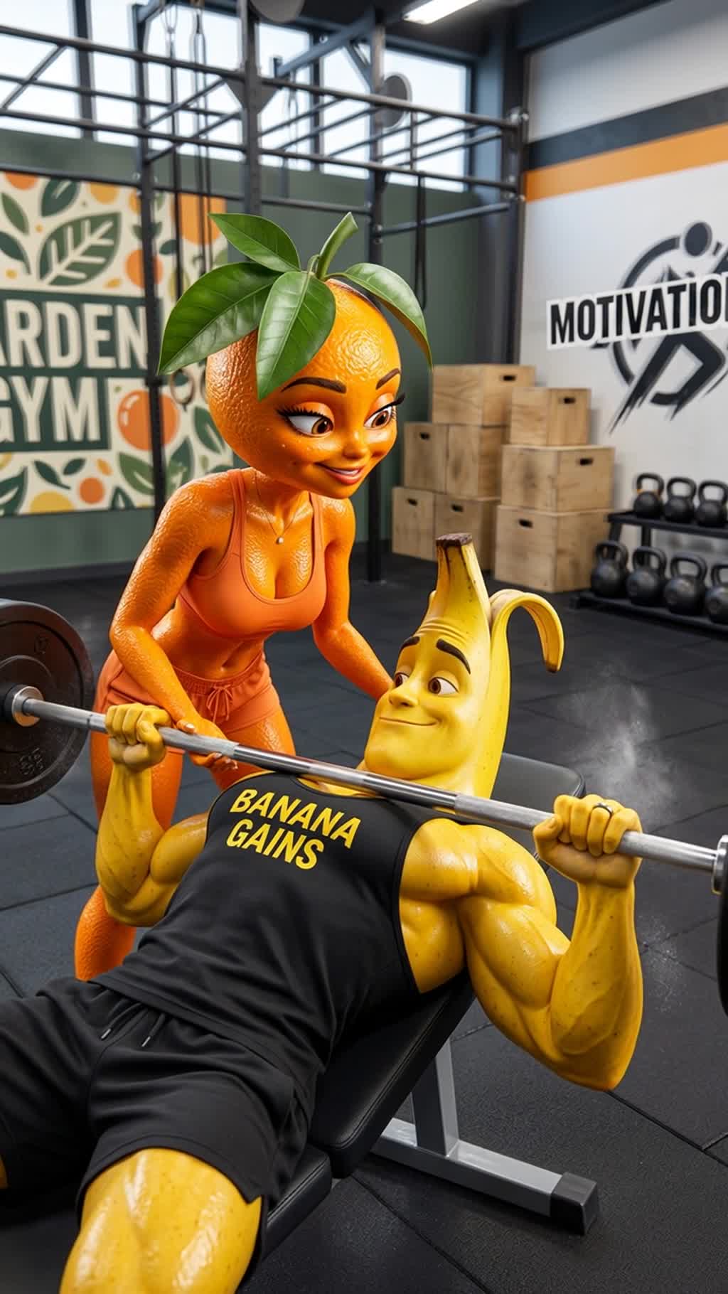 AI generated video: Bright modern CrossFit gym named 'GARDEN GYM' with motivational wall signs, rubber floor, kettlebells and pull-up rigs. Midday, bright overhead lights, camera medium two-shot from slight low angle to emphasize workout energy. Bruno Banana (banana-yellow skin, 'BANANA GAINS' tank, visible wedding ring) is bench-pressing; Oliver Orange (anthropomorphic orange woman, orange peel skin, leafy crown, vivid orange sports bra and shorts) stands close at the bar, hands ready to spot, leaning in with a playful confident smile. Background: wall sign 'MOTIVATION' and stacked plyo boxes. Emotional tone: energetic, flirtatious tension. Bruno focuses on the lift, polite but reserved.

Characters in this shot (use the start frame as the visual source):
- Bruno Banana: role: Faithful Spouse, visual: banana man, voice: male voice.
- Oliver Orange: role: Tempter, visual: orange woman, voice: female voice.
Keep each named character as listed. No humans, no human transformations, no extra characters.

Dialogue:
Oliver (orange woman, female voice): Hey, you're getting really strong, huh?
Oliver (orange woman, female voice): Can I spot you? I like helping people grow.
Bruno (banana man, male voice): Thanks, I got this.