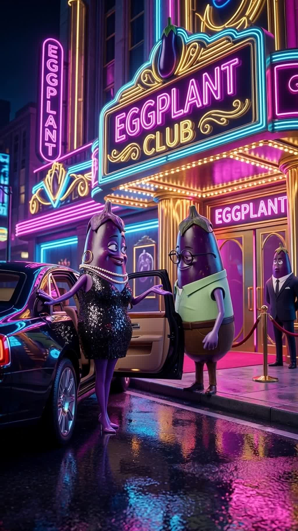 AI generated video: Saturated neon city sidewalk outside a glamorous club at night, pink and blue reflections on glass doors, velvet rope, gold signage glow, and wet pavement shining under lights. Gaston, now docile and grinning, drives Maribel in a sleek black luxury car parked at the curb, then stands beside her holding the door open while she poses smugly in a glittery dress and pearls. Both are anthropomorphic eggplants with expressive faces on their surfaces. Wide cinematic shot with the club entrance towering behind them, emphasizing his eager devotion and her control.

Characters in this shot (use the start frame as the visual source):
- Maribel: role: Wife, visual: woman, not human, voice: female voice.
- Gaston: role: Husband, visual: man, not human, voice: male voice.
Keep each named character as listed. No humans, no human transformations, no extra characters.

Dialogue:
Maribel (woman, female voice): Keep the engine running, babe.
Gaston (man, male voice): Anything for you.
Gaston (man, male voice): I love seeing you get whatever you want.